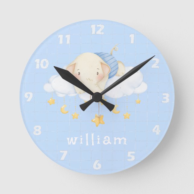 Horloge Ronde Cute Boho Aquarelle Eléphant Nuages Bleu Pépinière (Recto)