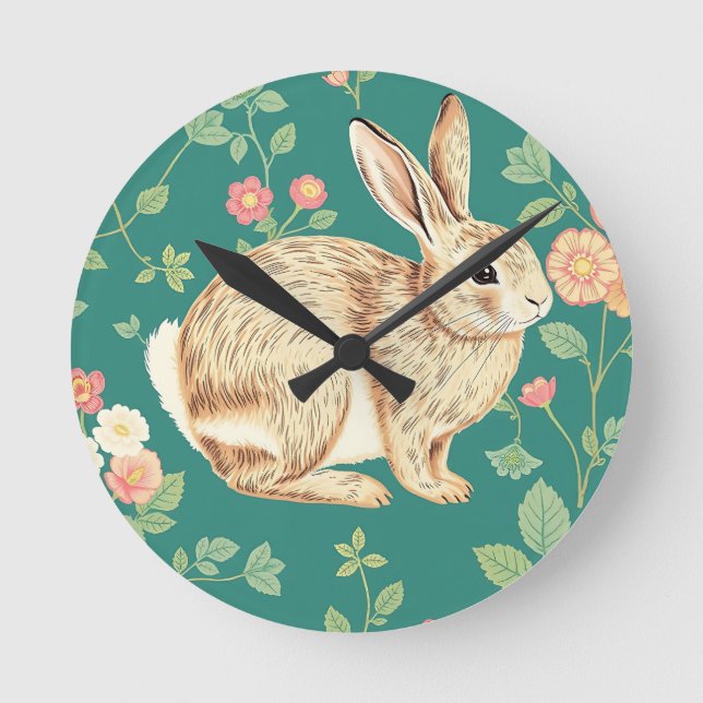 Horloge Ronde Cute Bunny Floral Teal Pattern (Recto)