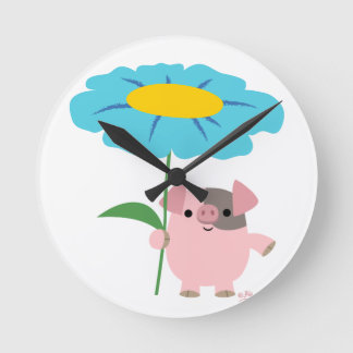Horloge Ronde Cute Cartoon Pig With Gift (Blue) Wall Clock
