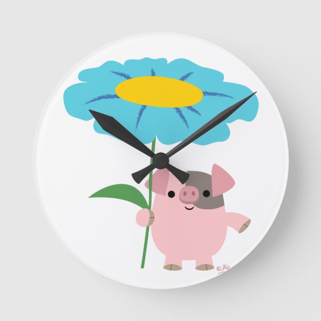 Horloge Ronde Cute Cartoon Pig With Gift (Blue) Wall Clock (Recto)
