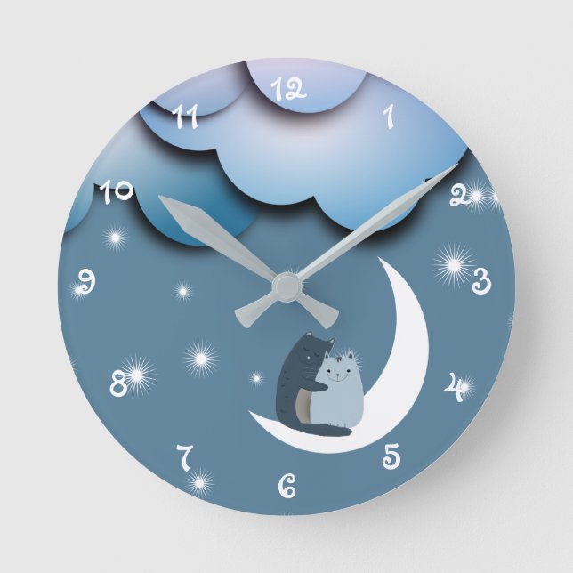 Horloge Ronde Cute Cats Cuddling on the Moon Art (Recto)