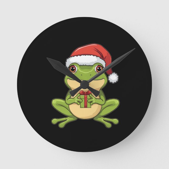 Horloge Ronde Cute Christmas Frog with Santa Hat Holding  Gift - (Recto)