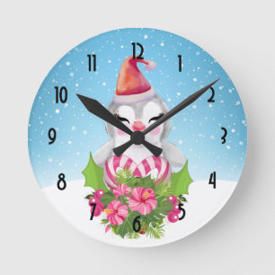 Horloge Ronde Cute Christmas Penguin in Santa Hat