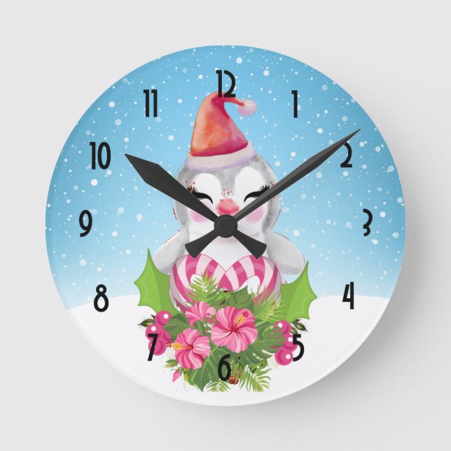 Horloge Ronde Cute Christmas Penguin in Santa Hat (Recto)