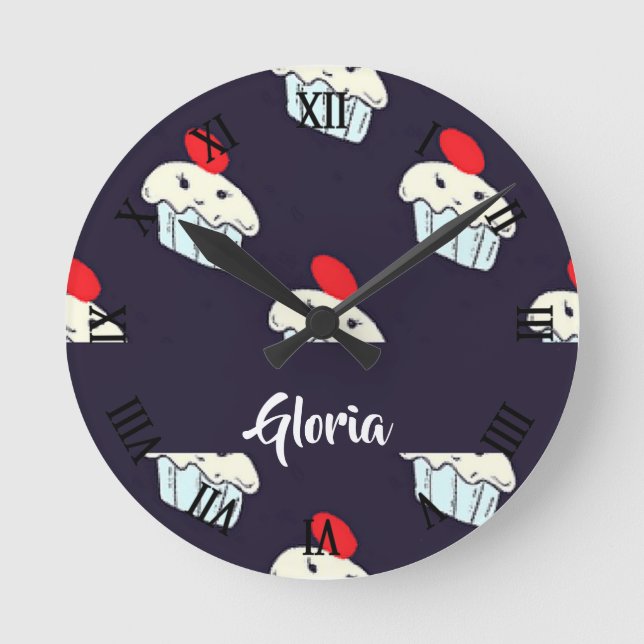 Horloge Ronde Cute cupcakes sur bleu (Recto)