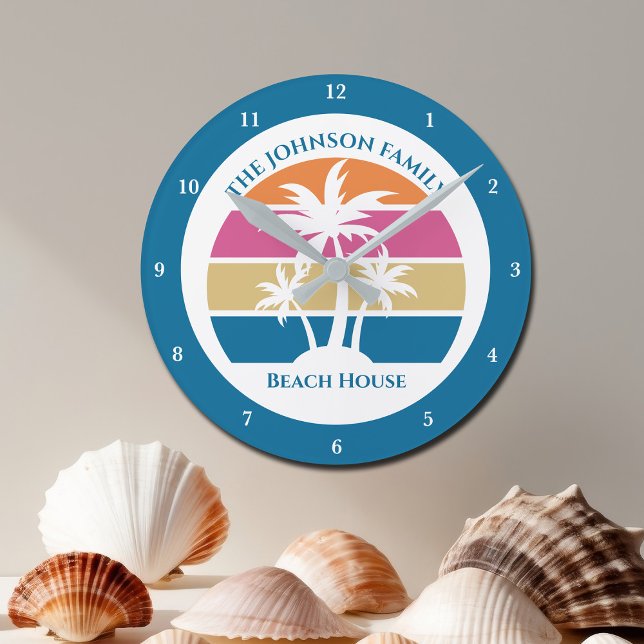 Horloge Ronde Cute Custom Beach House Palm Trees Bleu (Créateur téléchargé)