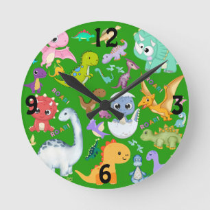 Horloge Ronde Cute Dinosaur Motif sur Green