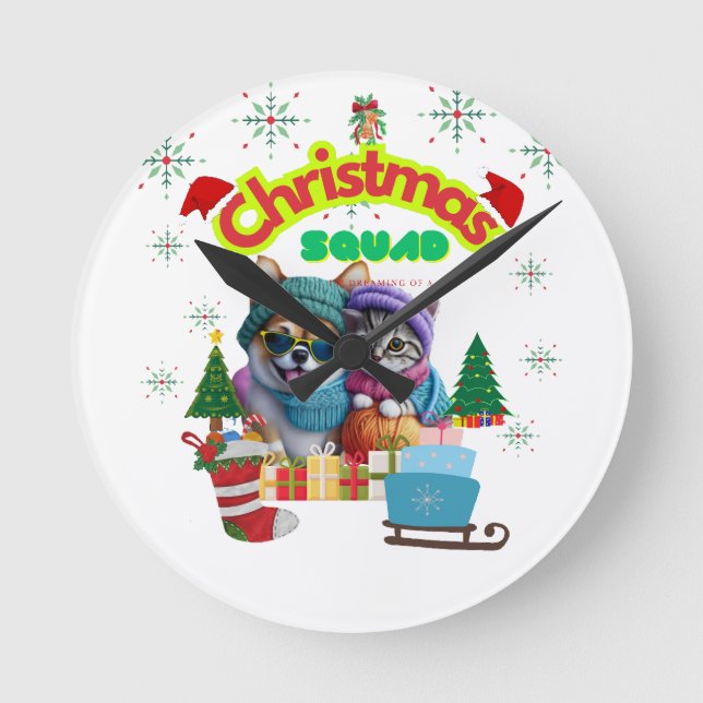 Horloge Ronde Cute dog and cat Christmas squad design  (Recto)