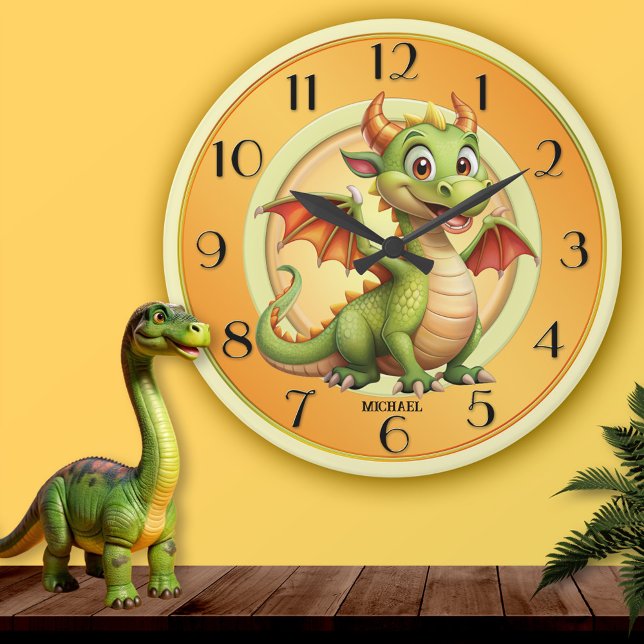 Horloge Ronde Cute Dragon Magique Imaginaire Enfants (Wall clock featuring a cute magical fantasy dragon in warm pastel colors - gift for a child)