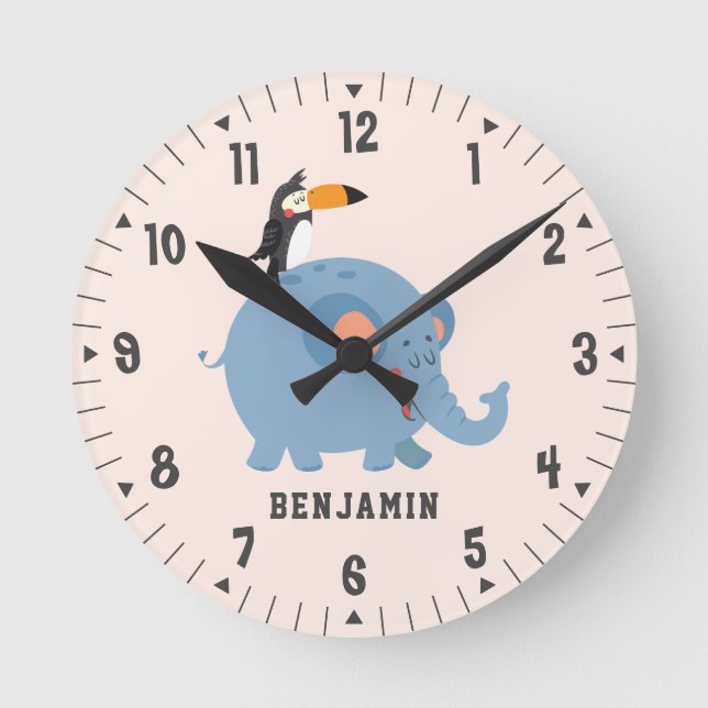 Horloge Ronde Cute Elephant and Bird Boys Room Decor Custom (Recto)