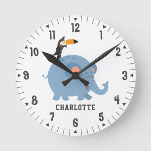 Horloge Ronde Cute Elephant and Bird Girls Room Decor Custom
