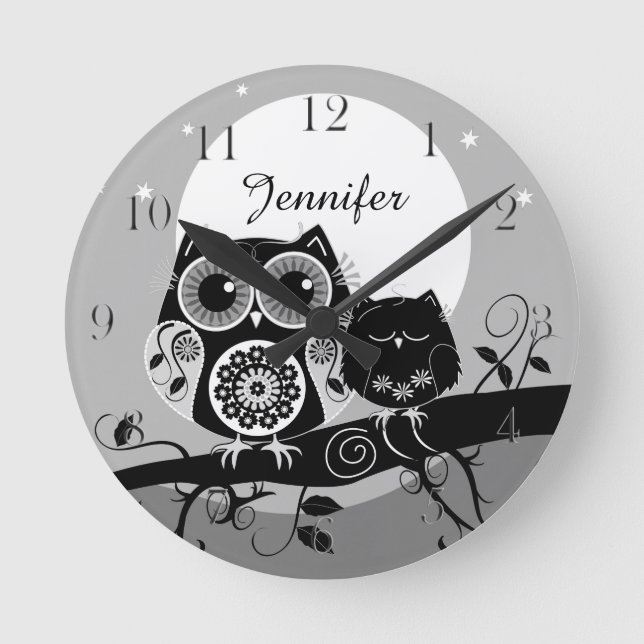 Horloge Ronde Cute Flower power Owls & custom name (Recto)