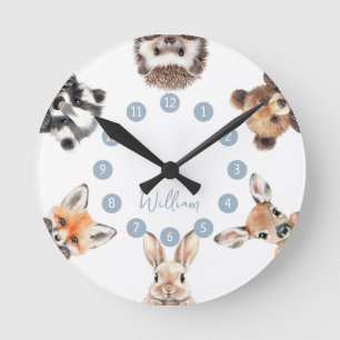 Horloge Ronde Cute Forest Friends Woodland Animaux Blue Nursery