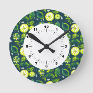 Horloge Ronde Cute Fraîche Citron Citrus Doodle Jaune Bleu