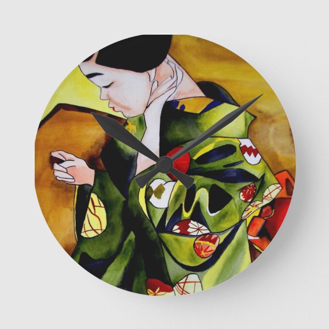 Horloge Ronde Cute Geisha with green kimono original art (Recto)