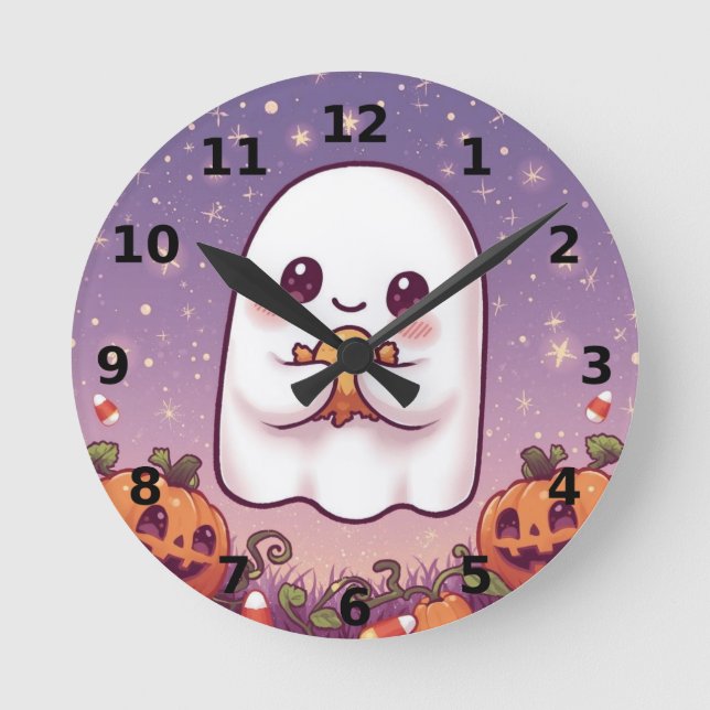 Horloge Ronde Cute Ghost Halloween Wall Clock ⏰👻 (Recto)