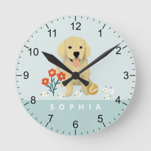 Horloge Ronde Cute Golden Retriever Chien Floral