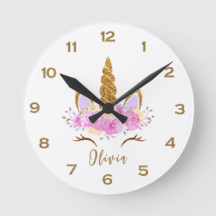 Horloge Ronde Cute Golden Unicorn Personnalisé