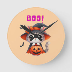 Horloge Ronde Cute Halloween Chat avec Citrouille et sorcière Ca