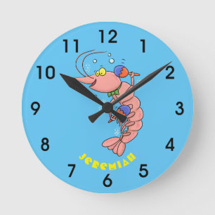 Horloge Ronde Cute happy shrimp, dessin animé de crevettes