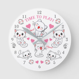 Horloge Ronde Cute Jouer des chatons blancs Temps pour jouer à R