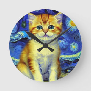 Horloge Ronde Cute Kitten Starry Night Van Gogh