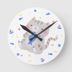Horloge Ronde Cute Kitty avec du poisson en été Illustration