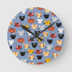 Horloge Ronde Cute Kitty Chats Fun Motif Bleu