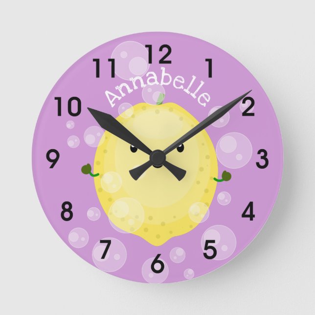 Horloge Ronde Cute lemon fruit cartoon bubbles illustration (Recto)