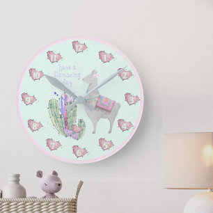 Horloge Ronde Cute Llama Cactus Coeurs - Avoir une journée de fl