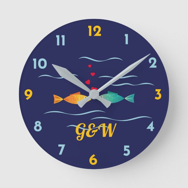 Horloge Ronde Cute Love Poisson couple monogrammes (Recto)