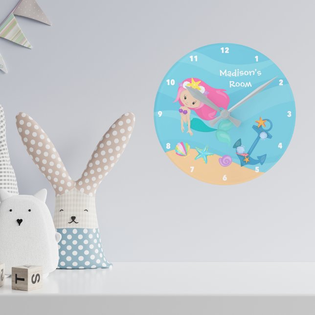 Horloge Ronde Cute Mermaid Girl Beach House Enfants Personnalisé (Créateur téléchargé)