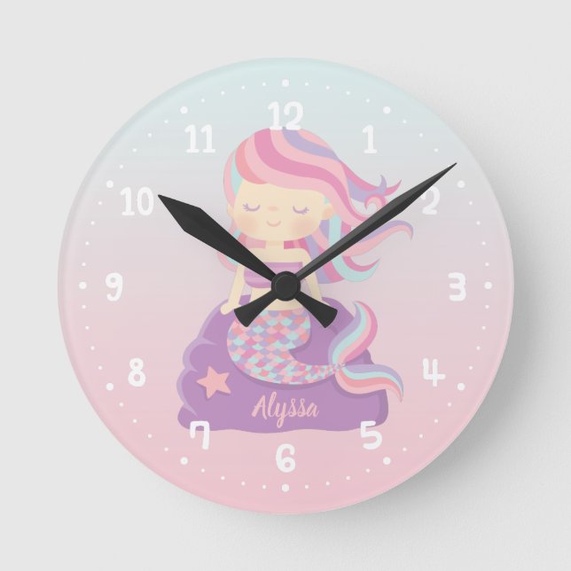 Horloge Ronde Cute Mermaid Girl ombre Kids Room Decor (Recto)