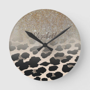 Horloge Ronde Cute  Modern Flowers On Leopard Print-Personalized
