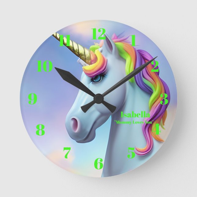 Horloge Ronde Cute Neon Green Pink Unicorn Message personnalisé (Recto)