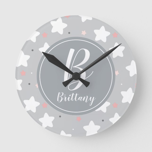 Horloge Ronde Cute Night Sky with Custom Monogram et nom (Recto)