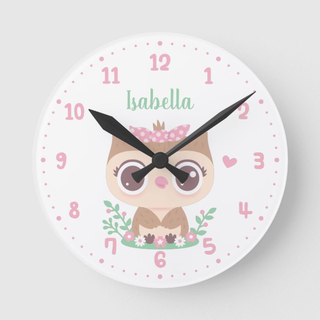 Horloge Ronde Cute Owl with Pink Bow, Girls Room Personalized (Recto)