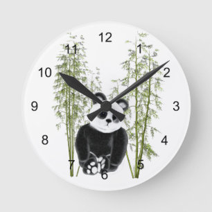 Horloge Ronde Cute Panda Assis En Bambou
