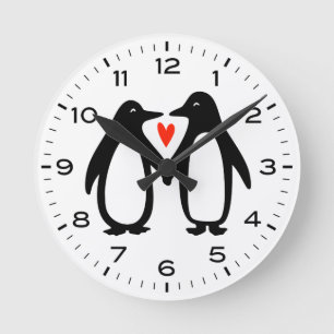 Horloge Ronde Cute Penguins Couple Holding Hands