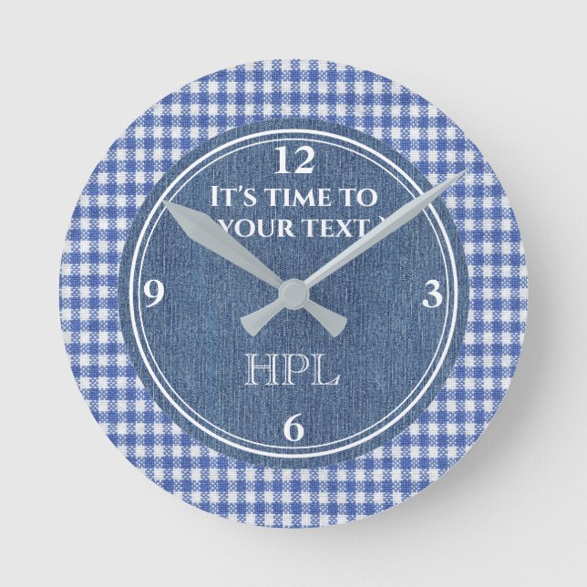 Horloge Ronde Cute personnalisée 8 po bleu et blanc plaid Acryli (Recto)