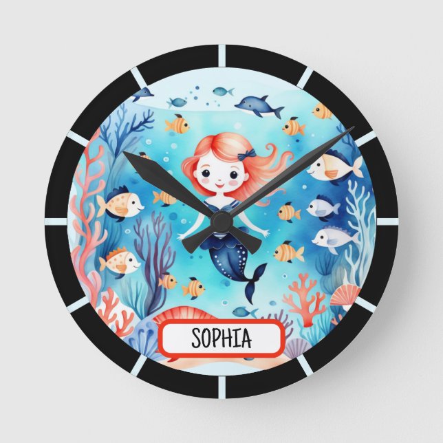 Horloge Ronde Cute Petite Sirène Sous La Mer Personnalisée (Recto)