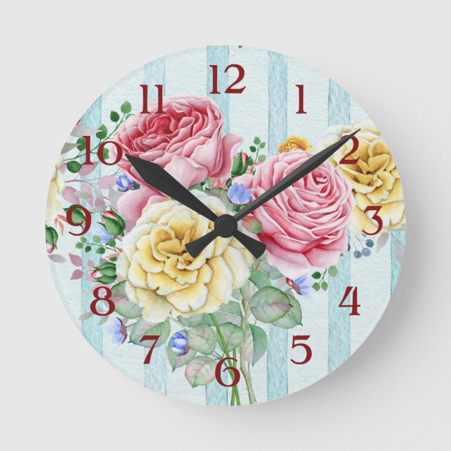 Horloge Ronde Cute Pink and Yellow Roses With Stripes Design (Recto)