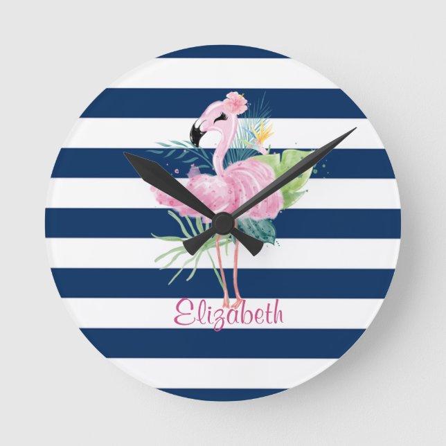 Horloge Ronde Cute Pink Flamingos Tropical Leaf, Striped (Recto)