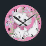 Horloge Ronde Cute PInk Kitten and Flowers<br><div class="desc">An adorable white kitten with a big fluffy tail and a pink bow is surrounded by pretty watercolor flowers in pink and blue. Le background est dans un rose doux. Parfait pour une girly girl who loves animals.</div>