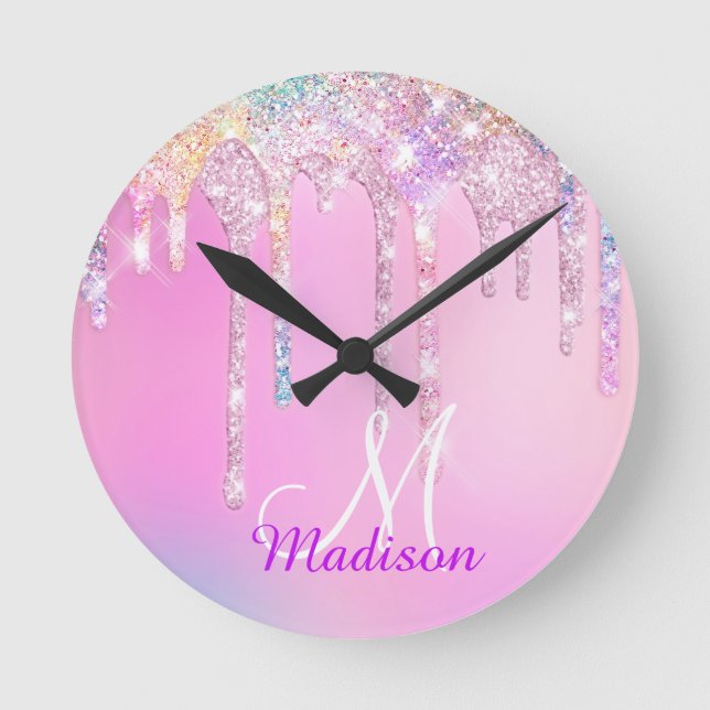 Horloge Ronde Cute Pink Unicorn Rainbow Glitter Drips monogram (Recto)