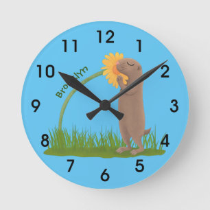 Horloge Ronde Cute prairie dog sniffing flower cartoon