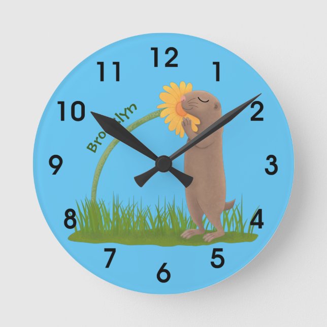 Horloge Ronde Cute prairie dog sniffing flower cartoon (Recto)