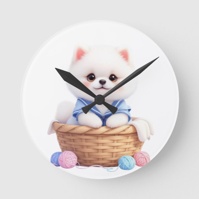 Horloge Ronde Cute Puppy in Basket Wall Clock (Recto)