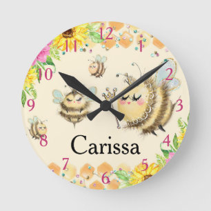 Horloge Ronde Cute Queen Bee & Honeybees Sunflowers Honeycomb