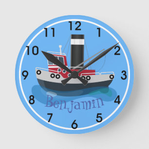 Horloge Ronde Cute red fishing trawler boat cartoon